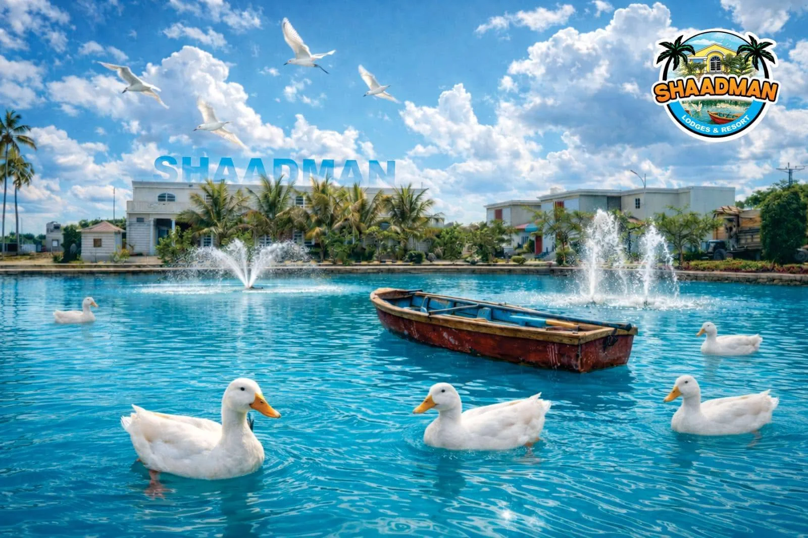 Resort lake with fountains, a wooden boat and white ducks under a bright sky